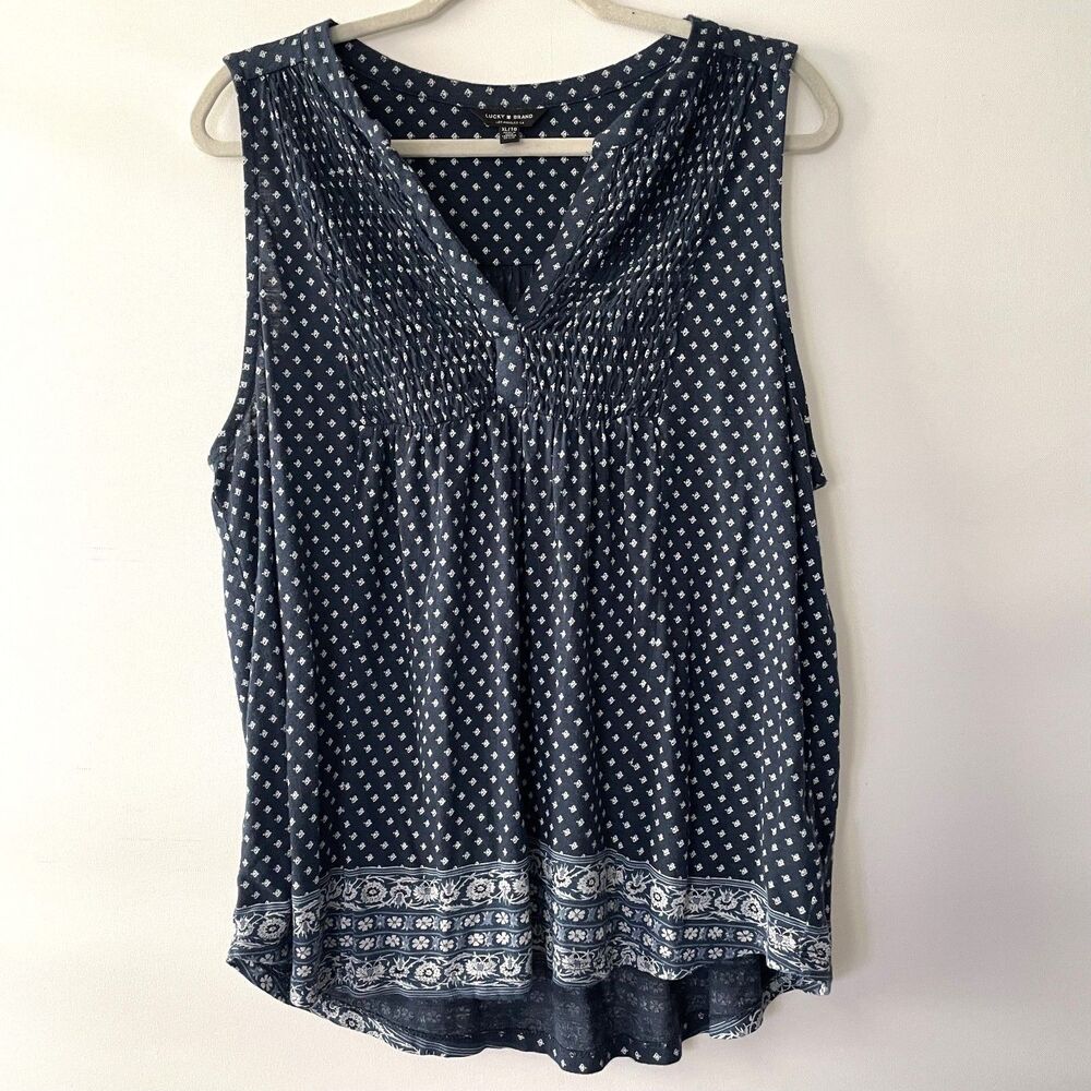 Lucky Brand Top Women XL Navy Blue Border Print Pintuck Sleeveless Boho